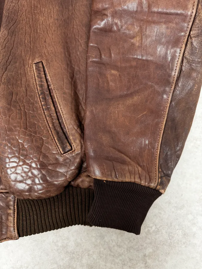 1990s Archive Brown Fur Collar Aviator Bomber Leather Jacket - Image 11