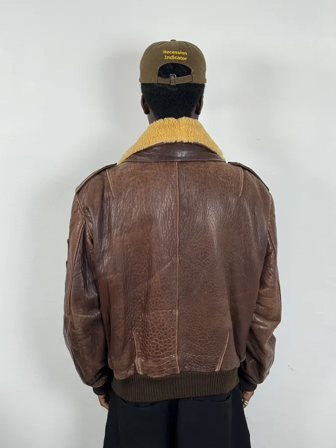 1990s Archive Brown Fur Collar Aviator Bomber Leather Jacket - Image 3