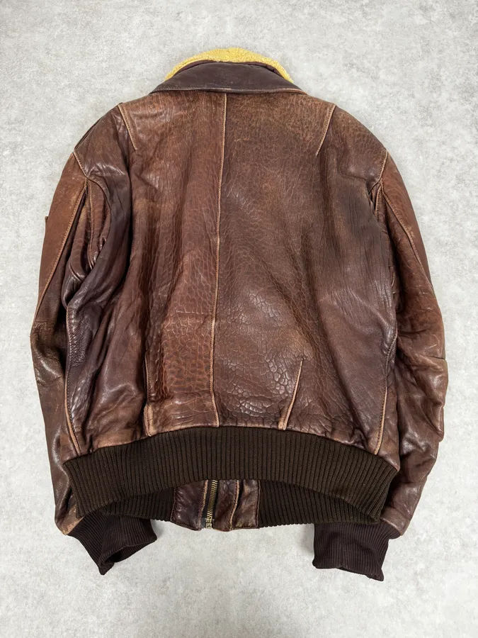 1990s Archive Brown Fur Collar Aviator Bomber Leather Jacket - Image 4
