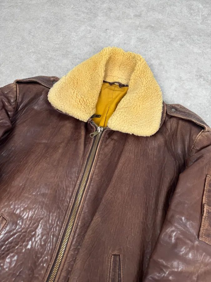 1990s Archive Brown Fur Collar Aviator Bomber Leather Jacket - Image 5