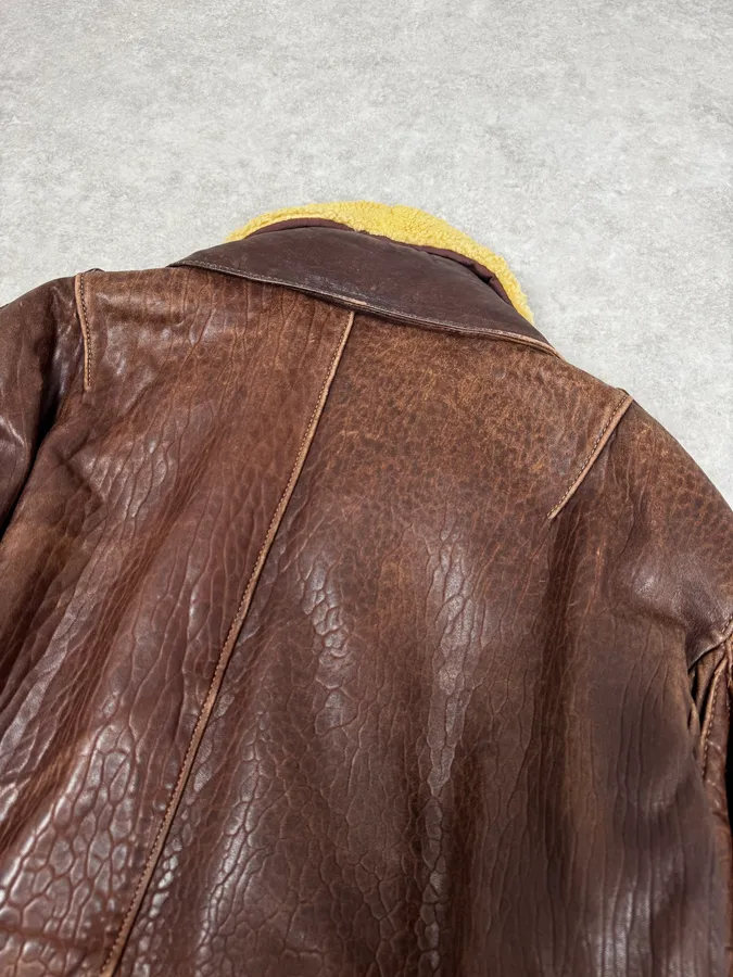 1990s Archive Brown Fur Collar Aviator Bomber Leather Jacket - Image 6