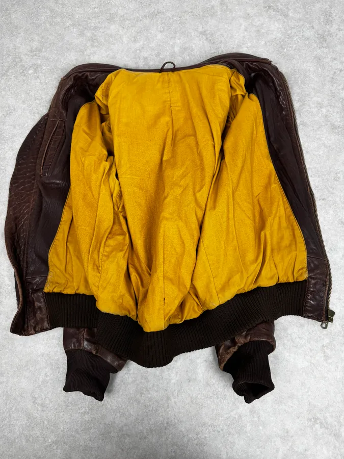 1990s Archive Brown Fur Collar Aviator Bomber Leather Jacket - Image 7