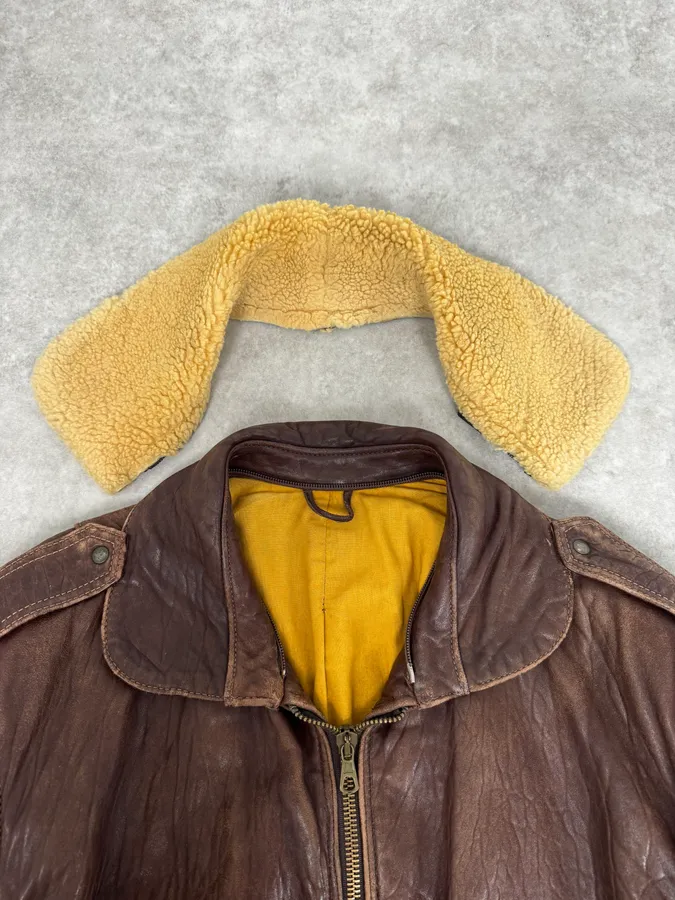 1990s Archive Brown Fur Collar Aviator Bomber Leather Jacket - Image 8