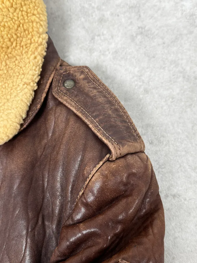 1990s Archive Brown Fur Collar Aviator Bomber Leather Jacket - Image 9