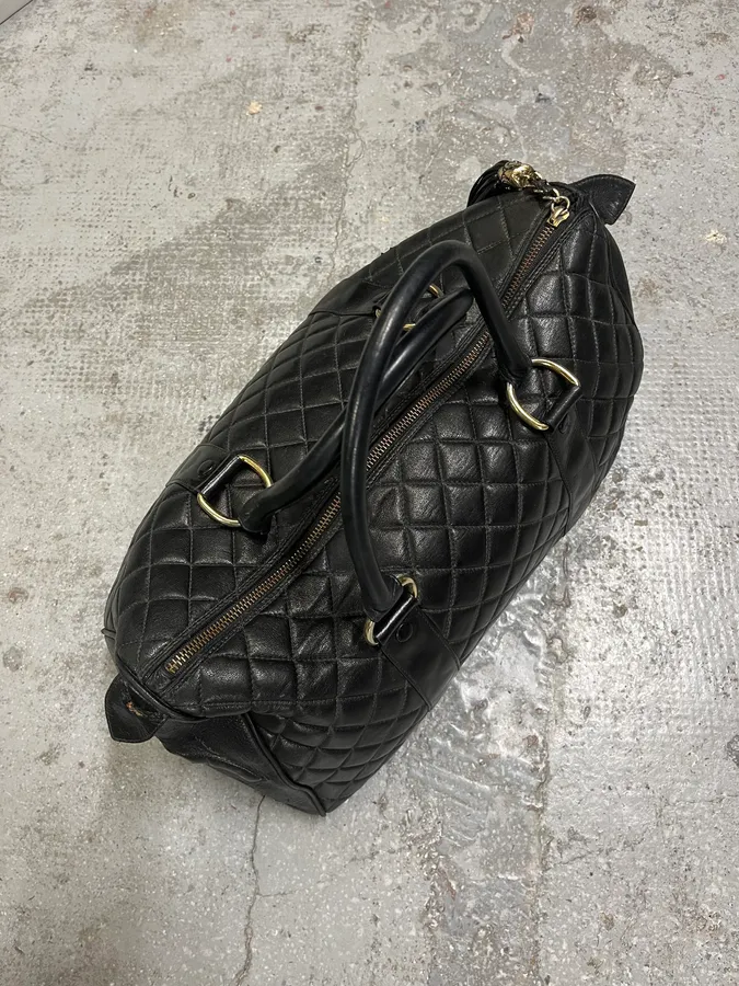 1990s Chanel Black Leather Bowling Quilted Handle Bag - Image 7