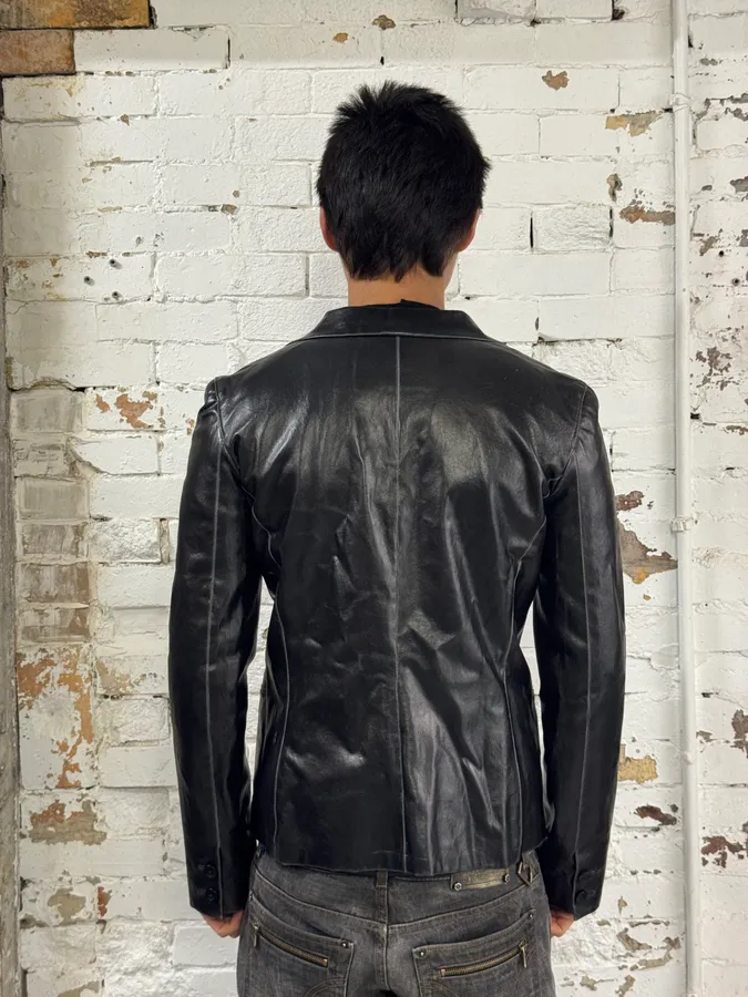 1990s Gianni Versace Pure Black Leather Blazer Jacket - Image 3