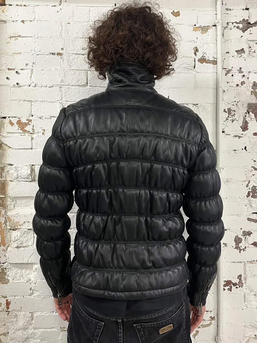 2000s Armani Black Leather Puffer Obscure Jacket - Image 3