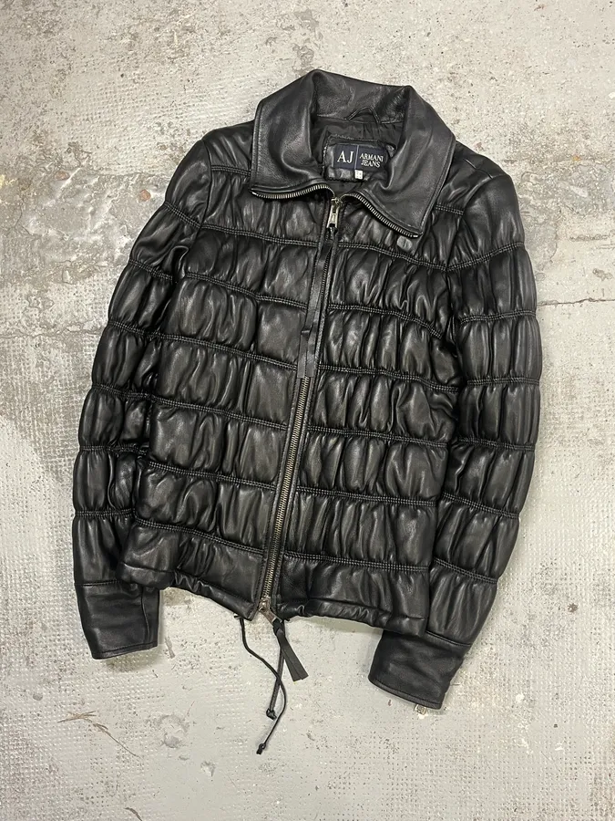 2000s Armani Black Leather Puffer Obscure Jacket - Image 4