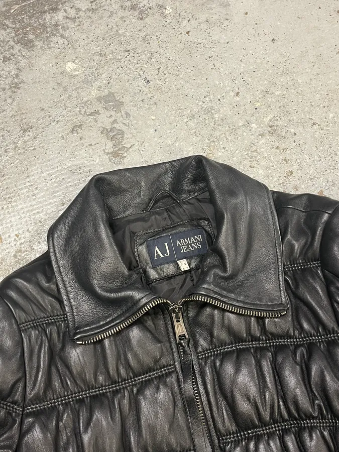 2000s Armani Black Leather Puffer Obscure Jacket - Image 5