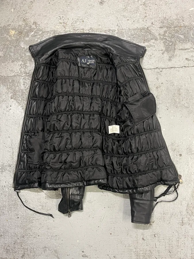 2000s Armani Black Leather Puffer Obscure Jacket - Image 6