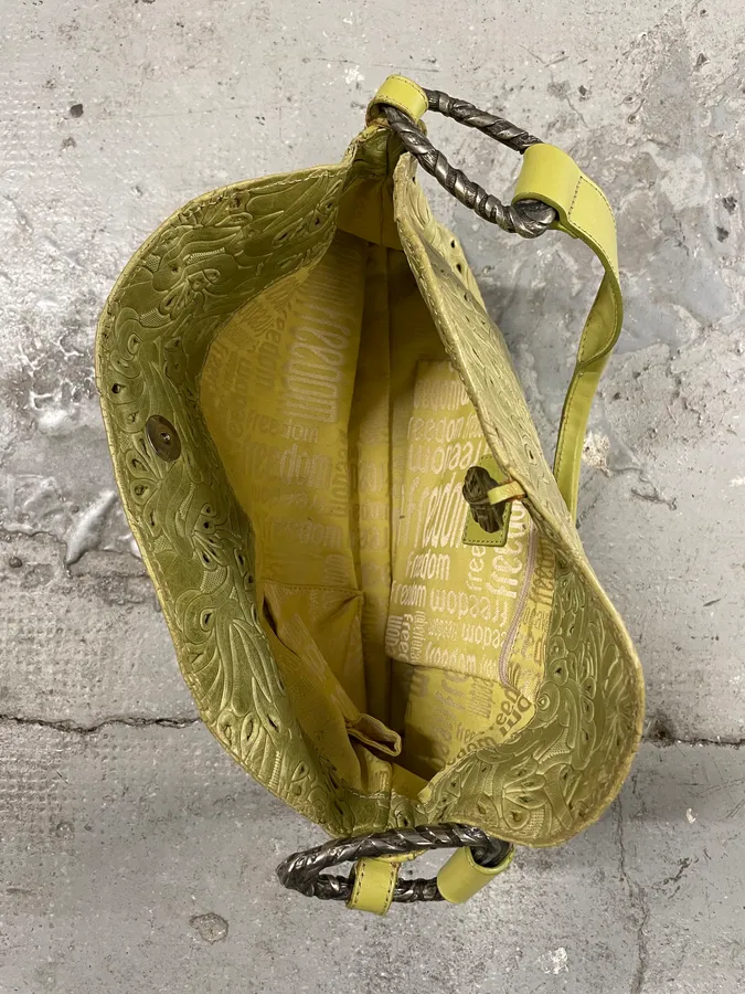 2000s Cavalli Abstract Embossed Floral Leather Yellow Handle Bag - Image 3