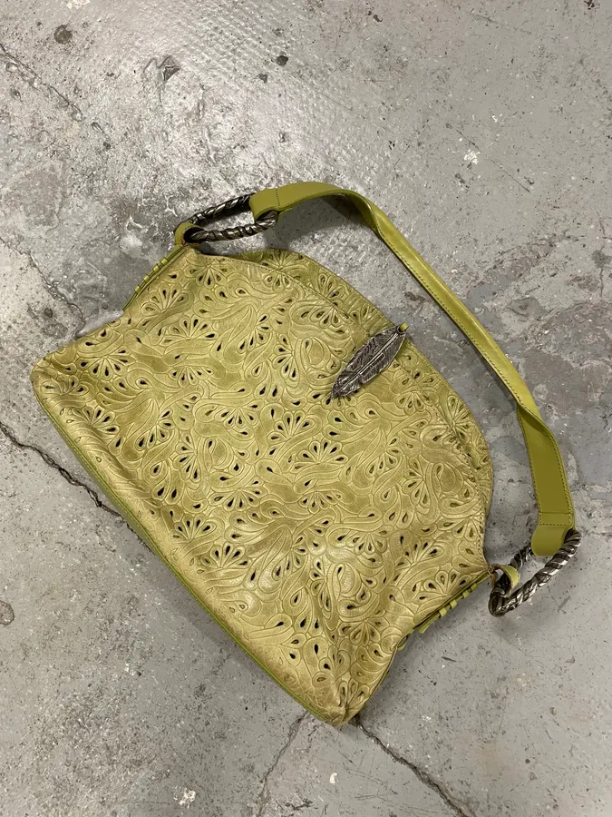 2000s Cavalli Abstract Embossed Floral Leather Yellow Handle Bag - Image 4
