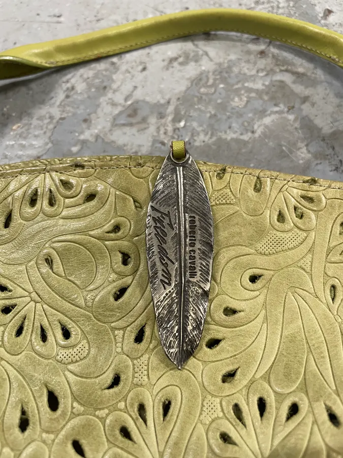 2000s Cavalli Abstract Embossed Floral Leather Yellow Handle Bag - Image 5