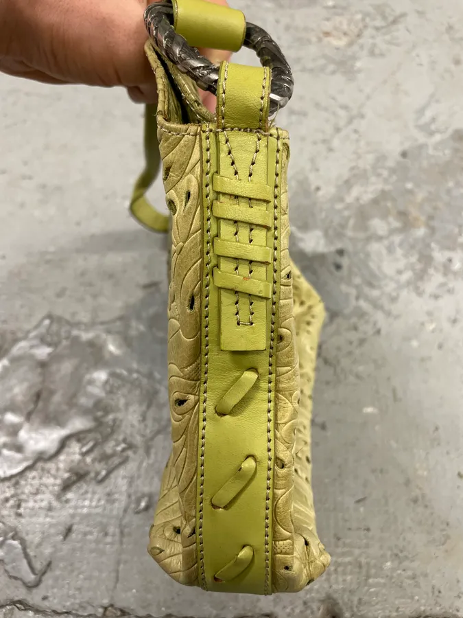 2000s Cavalli Abstract Embossed Floral Leather Yellow Handle Bag - Image 6