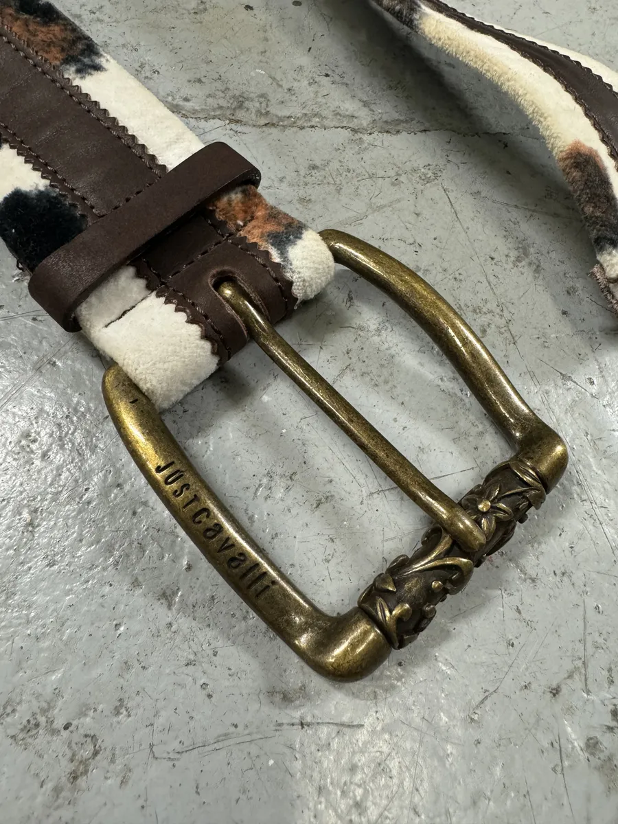 2000s Cavalli Pony Hair Caw Print Leather Embellished Belt - Image 6