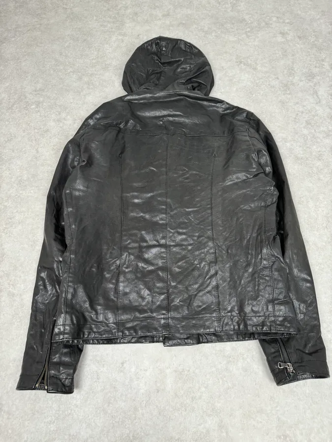2000s Daniele Alessandrini Avant-Garde Black Leather Hooded Jacket - Image 10