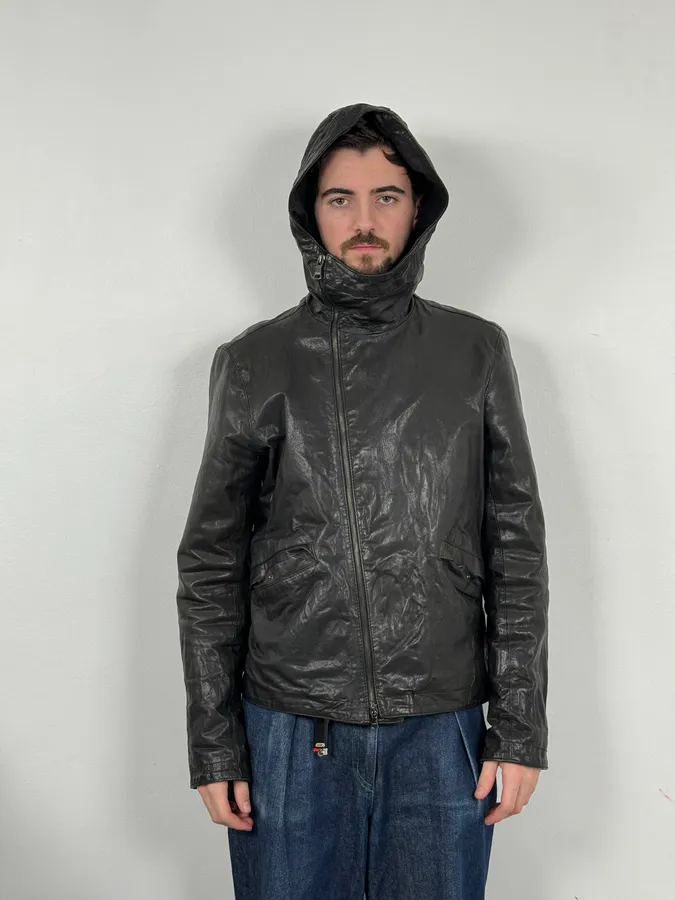 2000s Daniele Alessandrini Avant-Garde Black Leather Hooded Jacket - Image 3