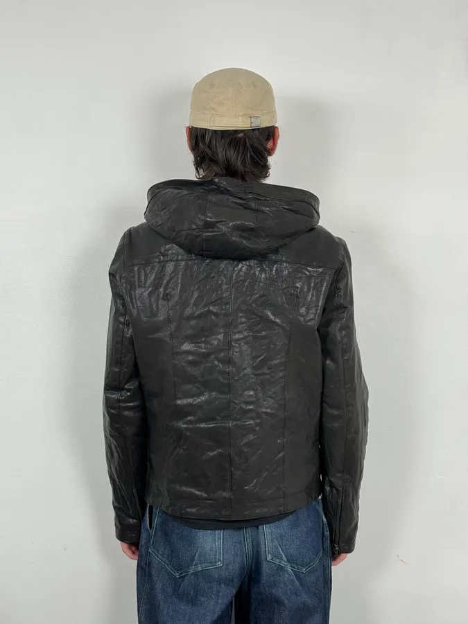2000s Daniele Alessandrini Avant-Garde Black Leather Hooded Jacket - Image 4