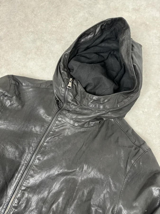 2000s Daniele Alessandrini Avant-Garde Black Leather Hooded Jacket - Image 6