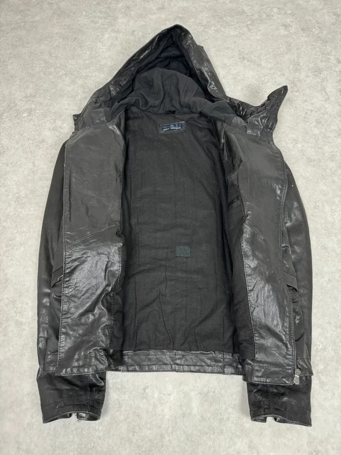 2000s Daniele Alessandrini Avant-Garde Black Leather Hooded Jacket - Image 9