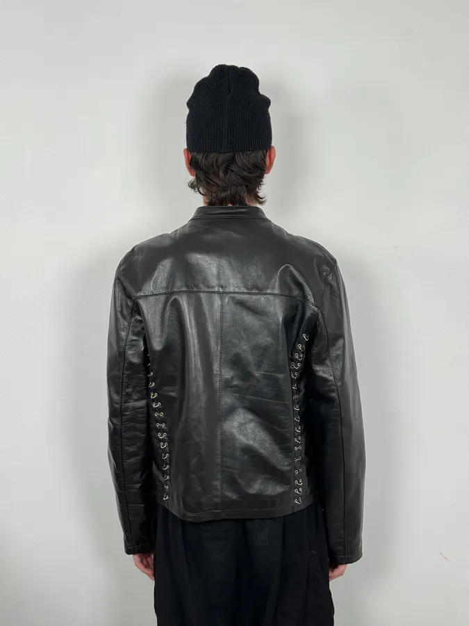 2000s Daniele Alessandrini Metal Hook Pure Black Leather Jacket - Image 3