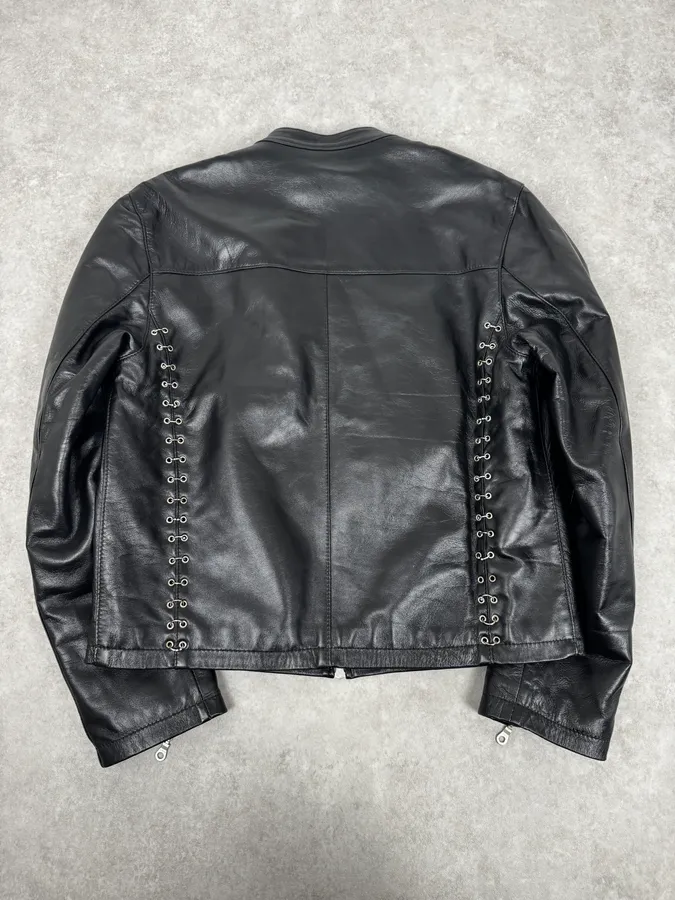 2000s Daniele Alessandrini Metal Hook Pure Black Leather Jacket - Image 4