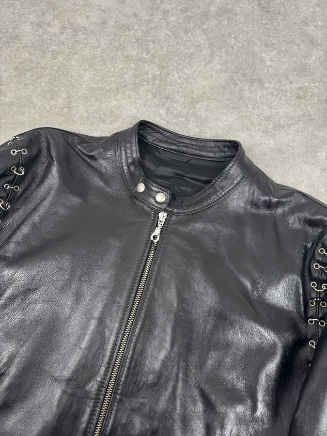 2000s Daniele Alessandrini Metal Hook Pure Black Leather Jacket - Image 5