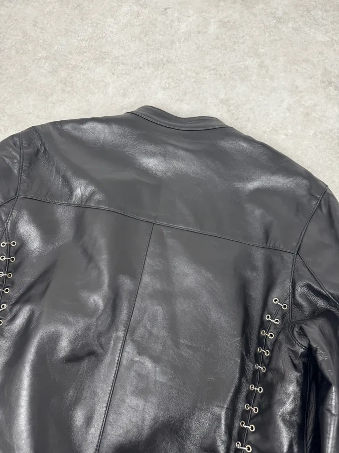 2000s Daniele Alessandrini Metal Hook Pure Black Leather Jacket - Image 6