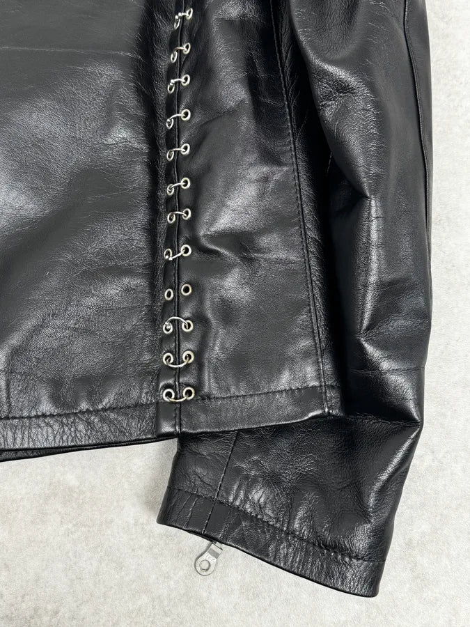 2000s Daniele Alessandrini Metal Hook Pure Black Leather Jacket - Image 9
