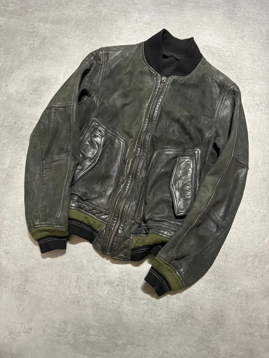 2000s Diesel Olive Biker Eroded Polished Leather Jacket - Image 3