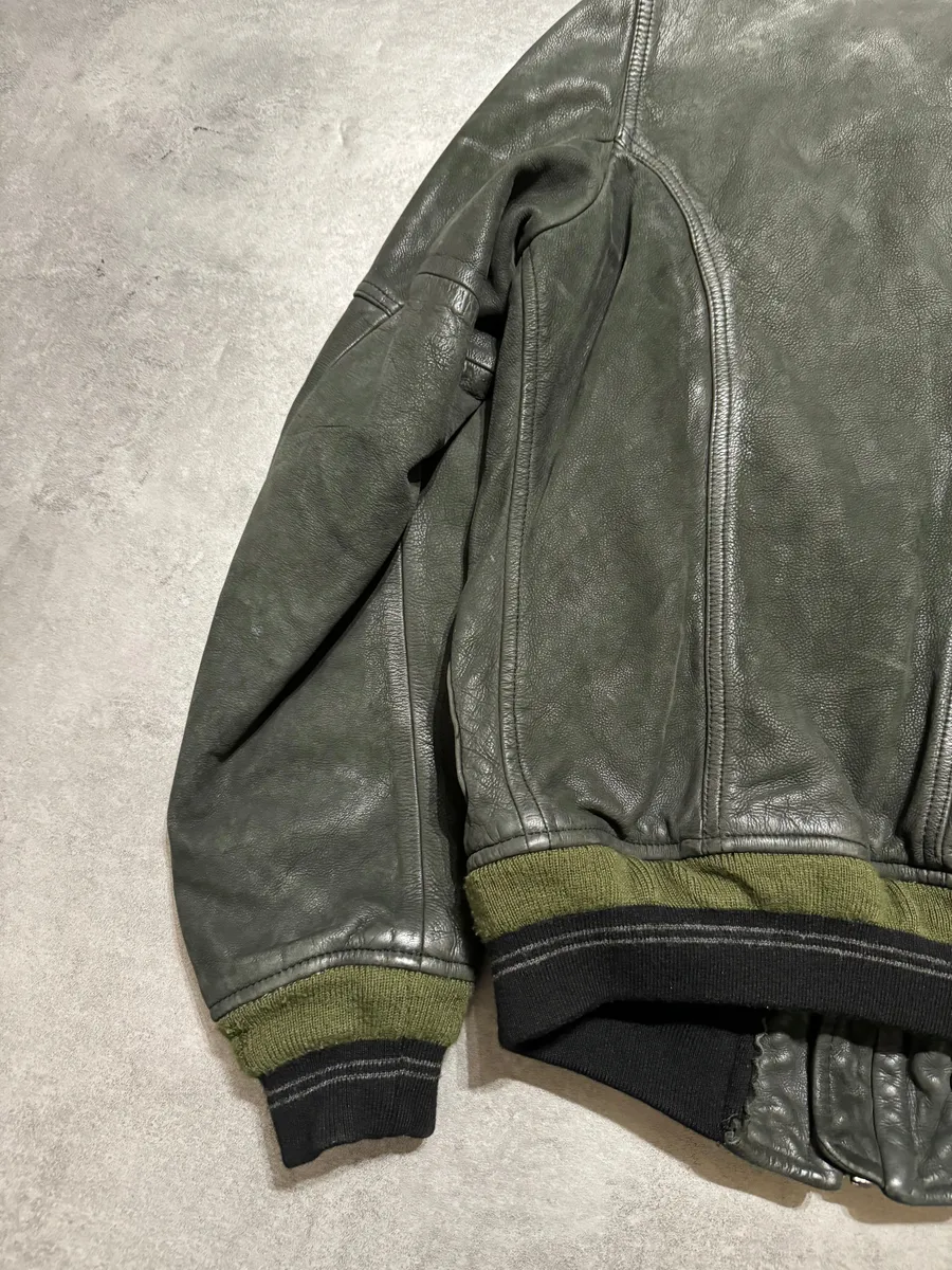 2000s Diesel Olive Biker Eroded Polished Leather Jacket - Image 4