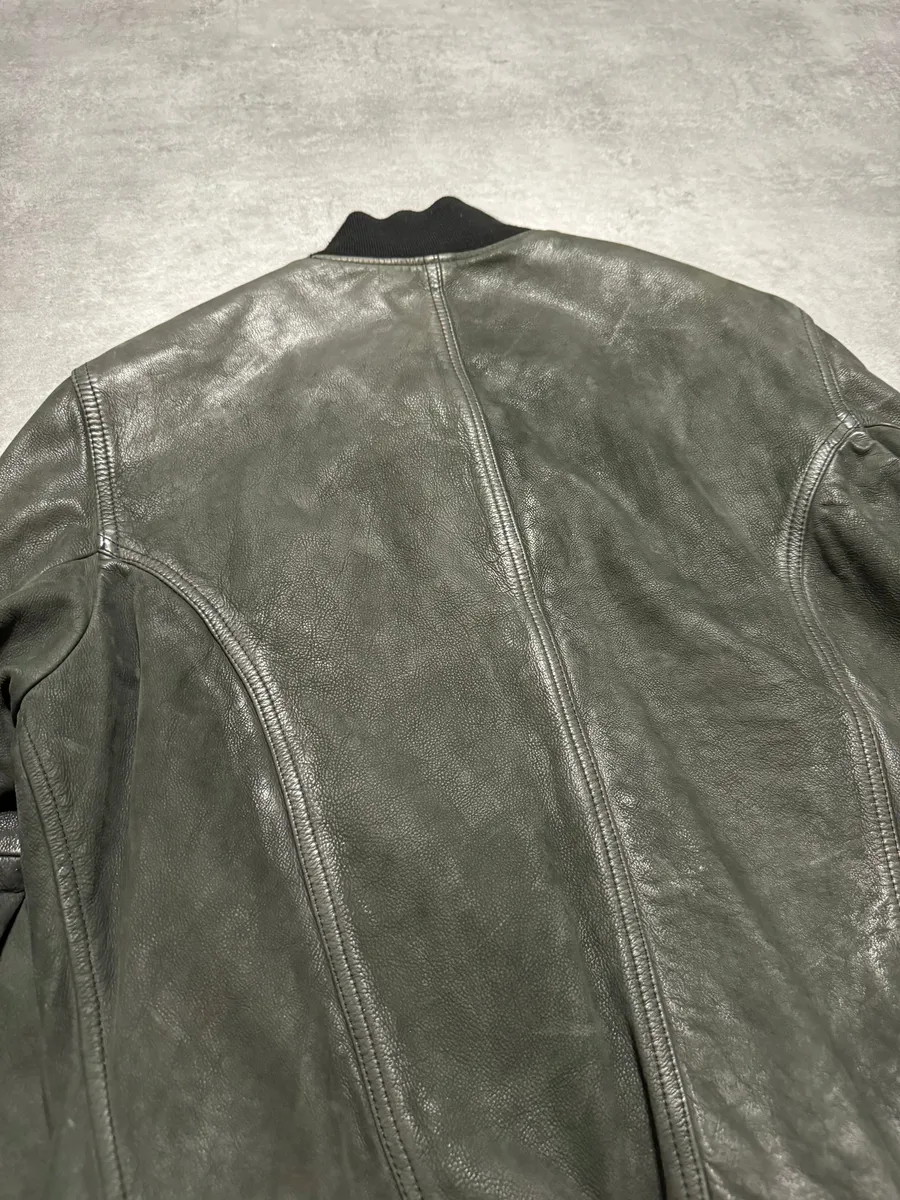 2000s Diesel Olive Biker Eroded Polished Leather Jacket - Image 5