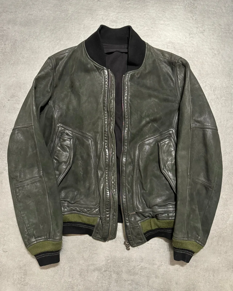 2000s Diesel Olive Biker Eroded Polished Leather Jacket - Image 7