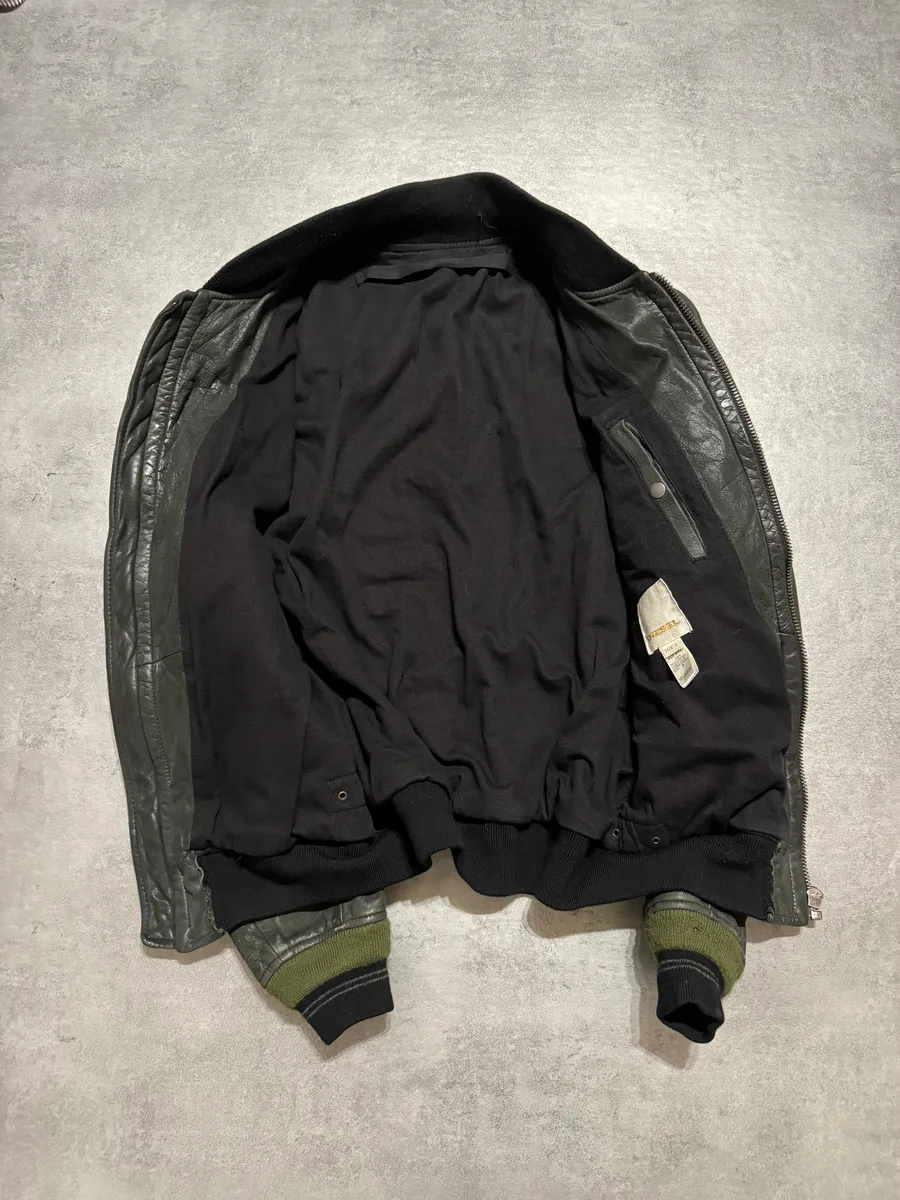 2000s Diesel Olive Biker Eroded Polished Leather Jacket - Image 8