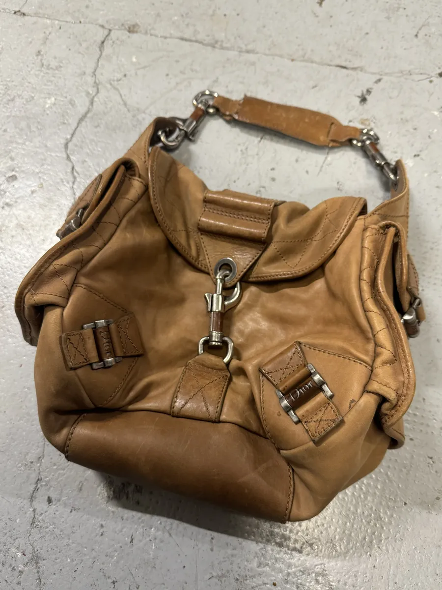 2000s Dior Camel Leather Hobo Cabas Handle Bag - Image 3