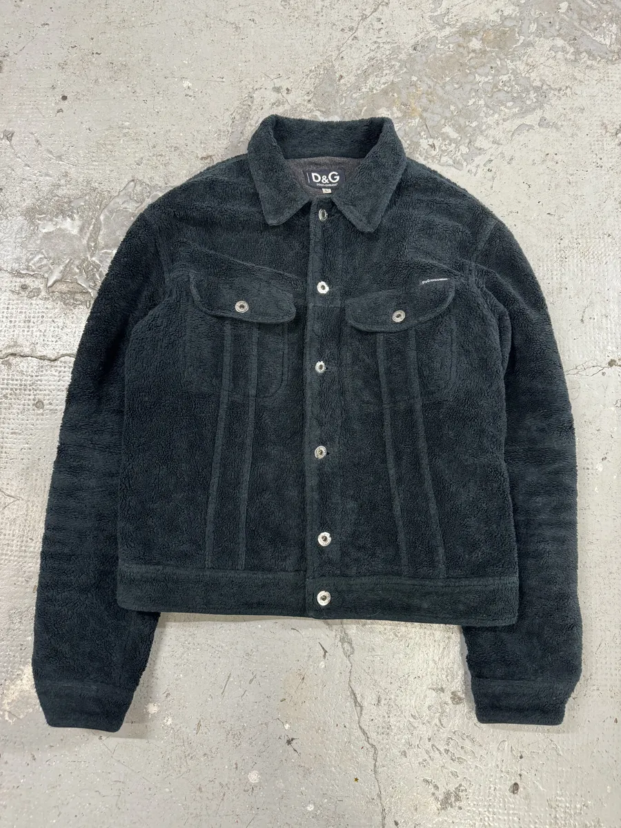 2000s Dolce & Gabbana Black Plush Fleece Trucker Jacket - Image 6
