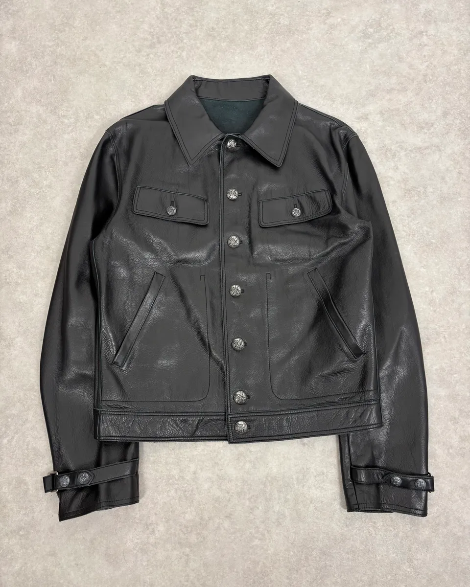 2000s Gianni Versace Pure Black Leather Embellished Trucker Jacket - Image 3