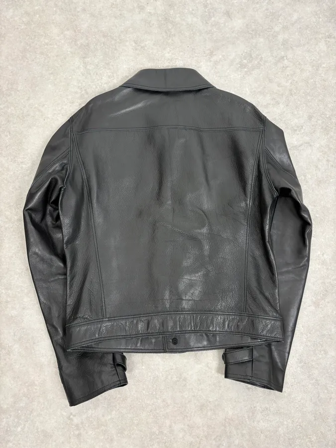 2000s Gianni Versace Pure Black Leather Embellished Trucker Jacket - Image 6