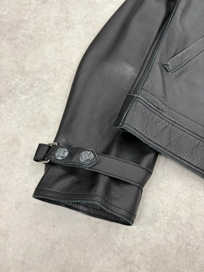 2000s Gianni Versace Pure Black Leather Embellished Trucker Jacket - Image 8