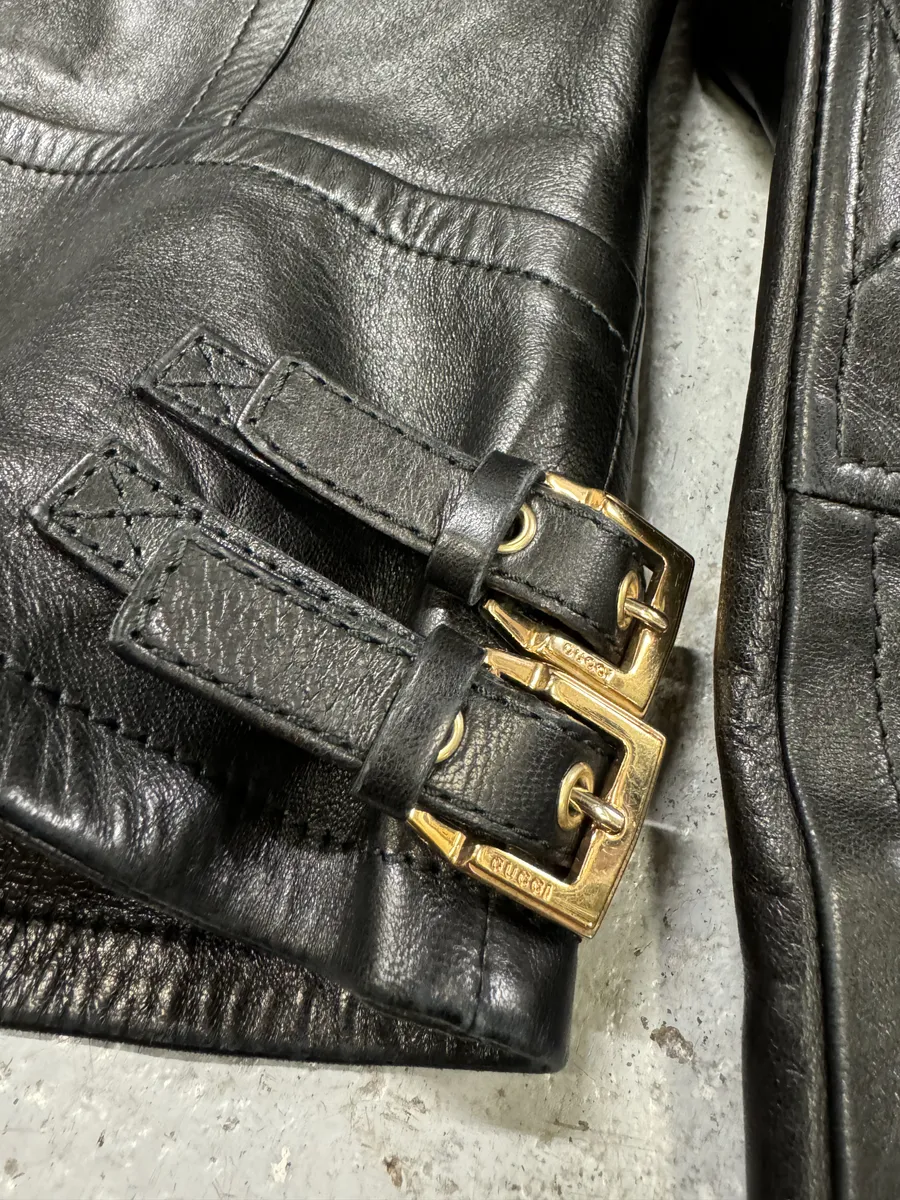2000s Gucci Asymmetrical Black Leather Jacket - Image 11