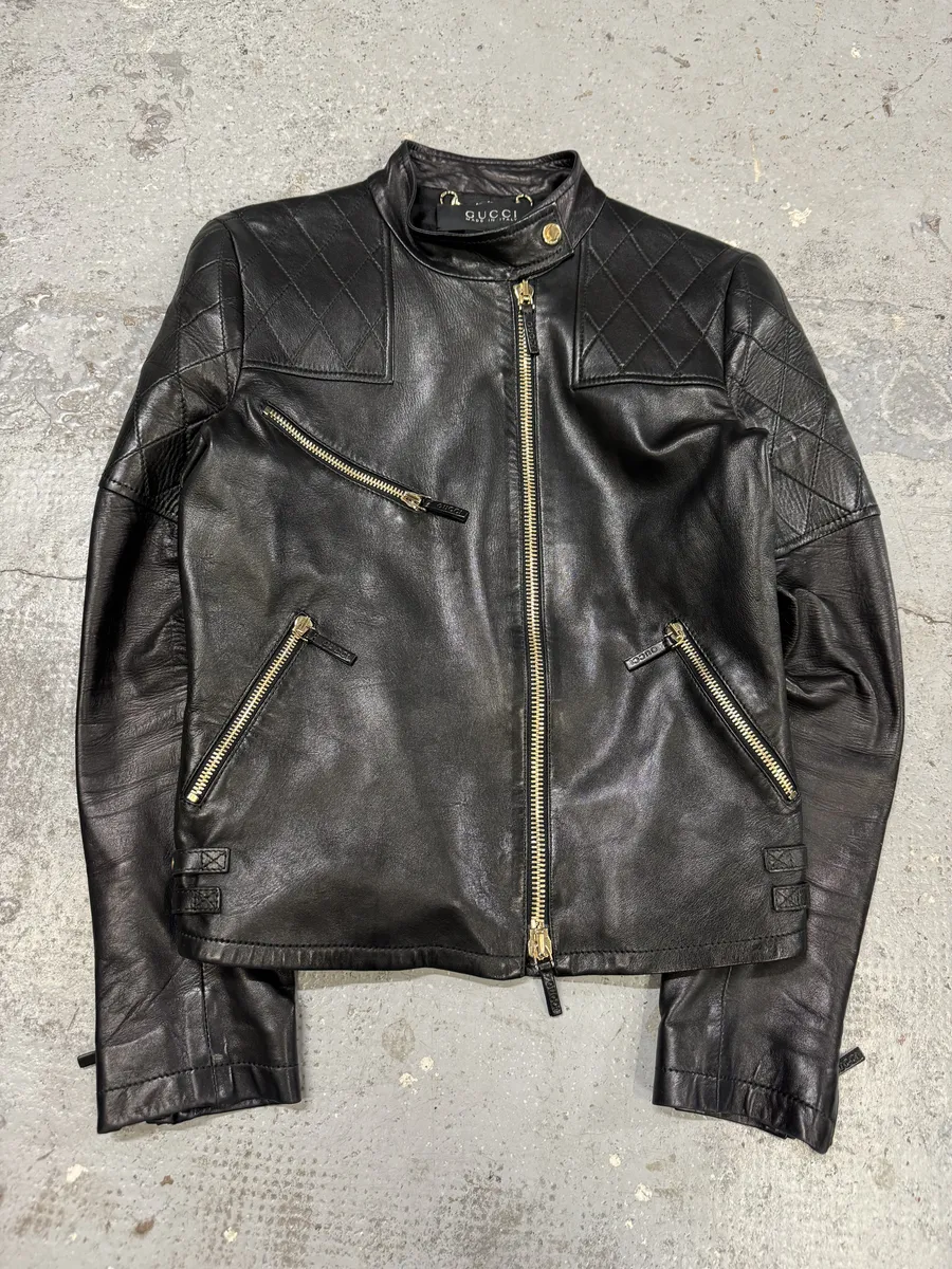 2000s Gucci Asymmetrical Black Leather Jacket - Image 6