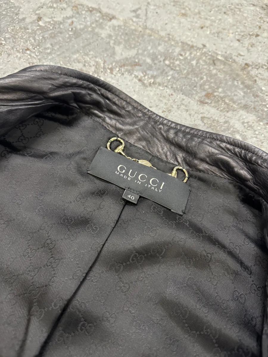 2000s Gucci Asymmetrical Black Leather Jacket - Image 9