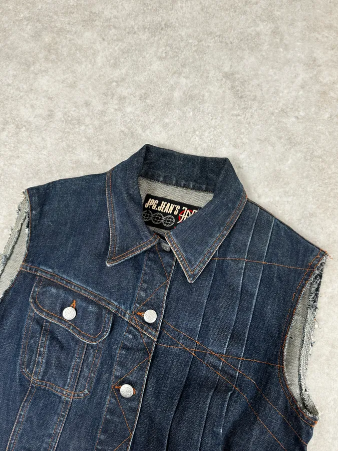 2000s Jean Paul Gaultier Blue Elastic Sleeveless Vest Denim Jacket - Image 5