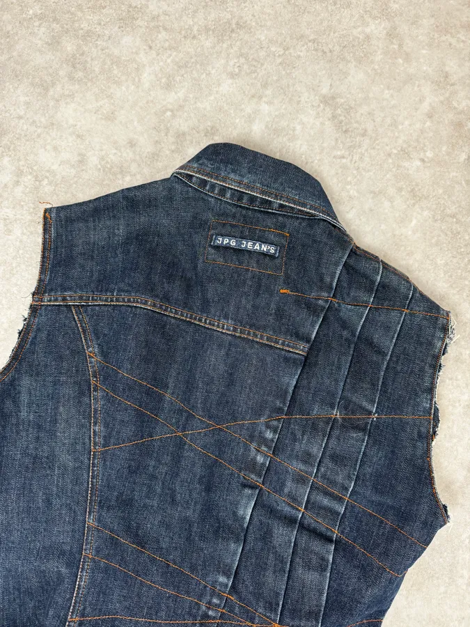 2000s Jean Paul Gaultier Blue Elastic Sleeveless Vest Denim Jacket - Image 6