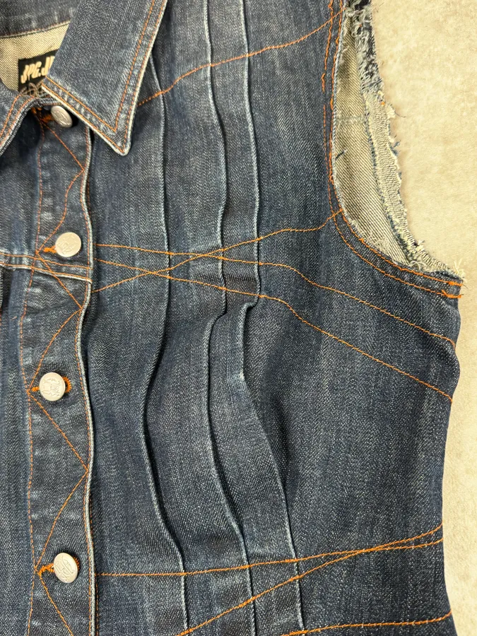 2000s Jean Paul Gaultier Blue Elastic Sleeveless Vest Denim Jacket - Image 9