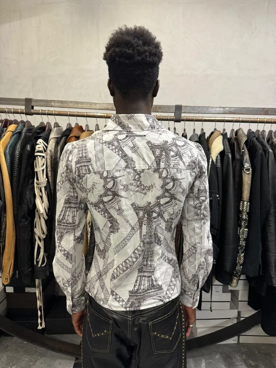 2000s Jean Paul Gaultier Parisian Eiffel Tower Graphic White Shirt - Image 3