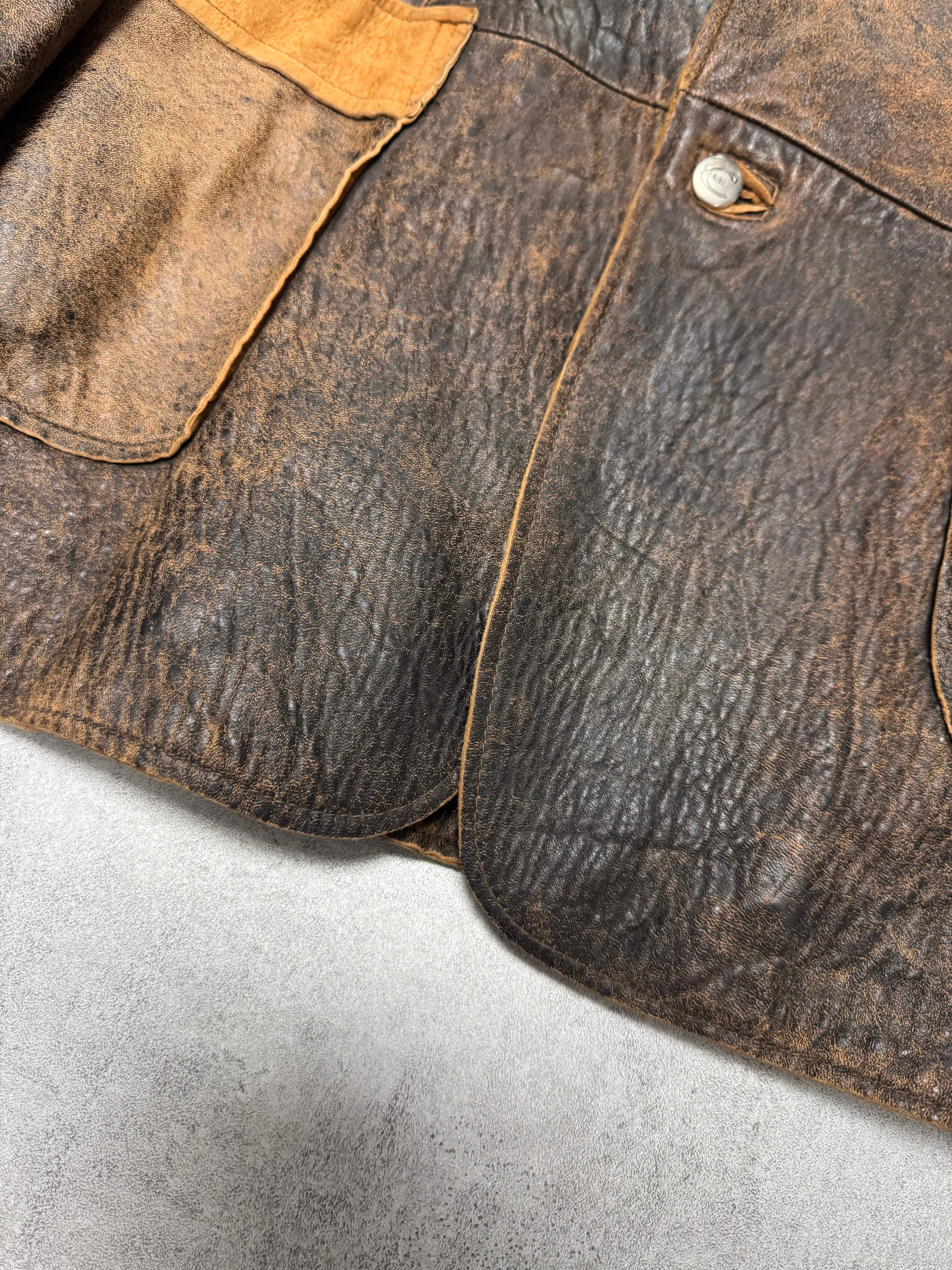 2000s Cavalli Raw Brown Leather Suit Jacket - Image 3