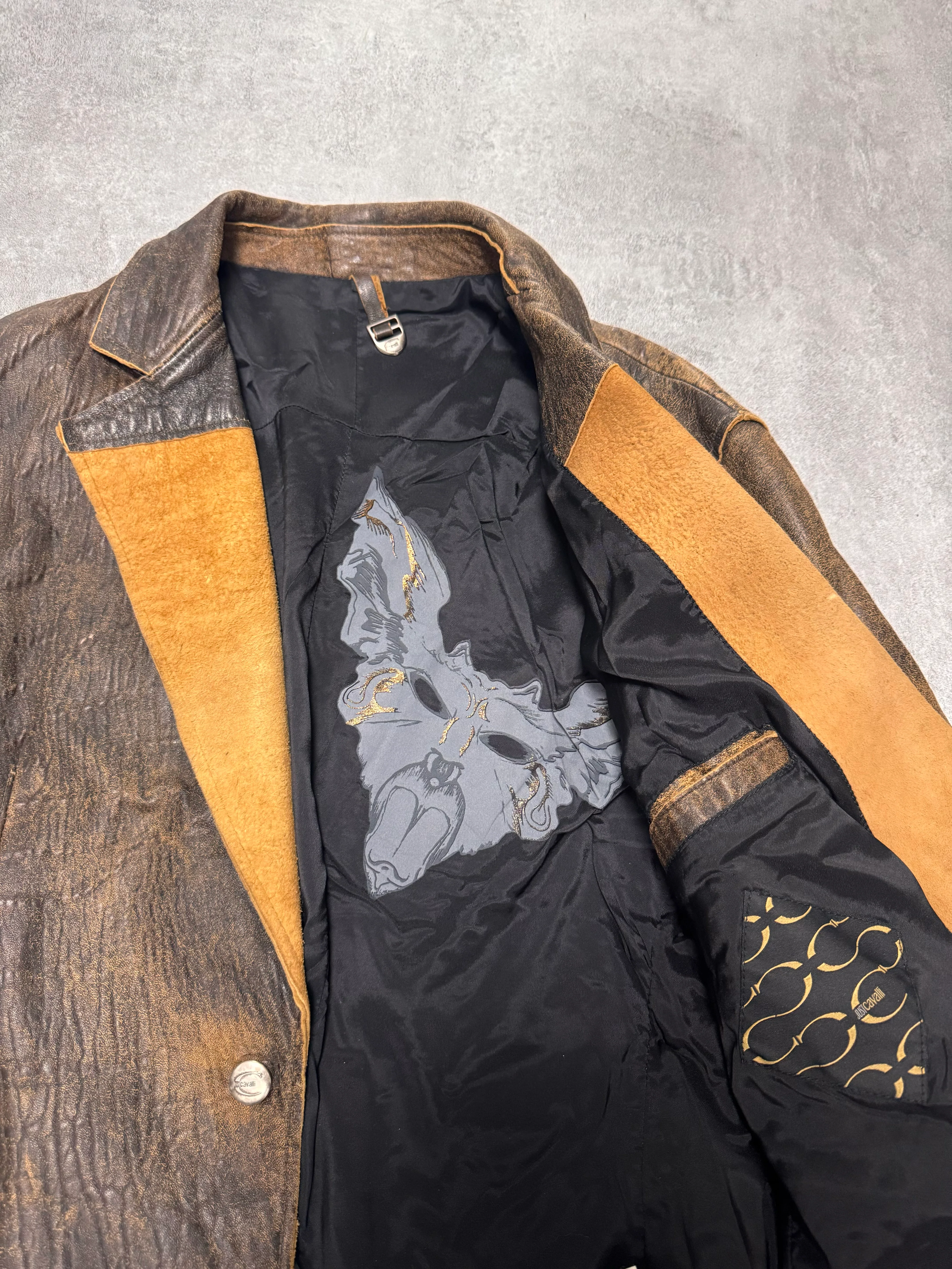2000s Cavalli Raw Brown Leather Suit Jacket - Image 4