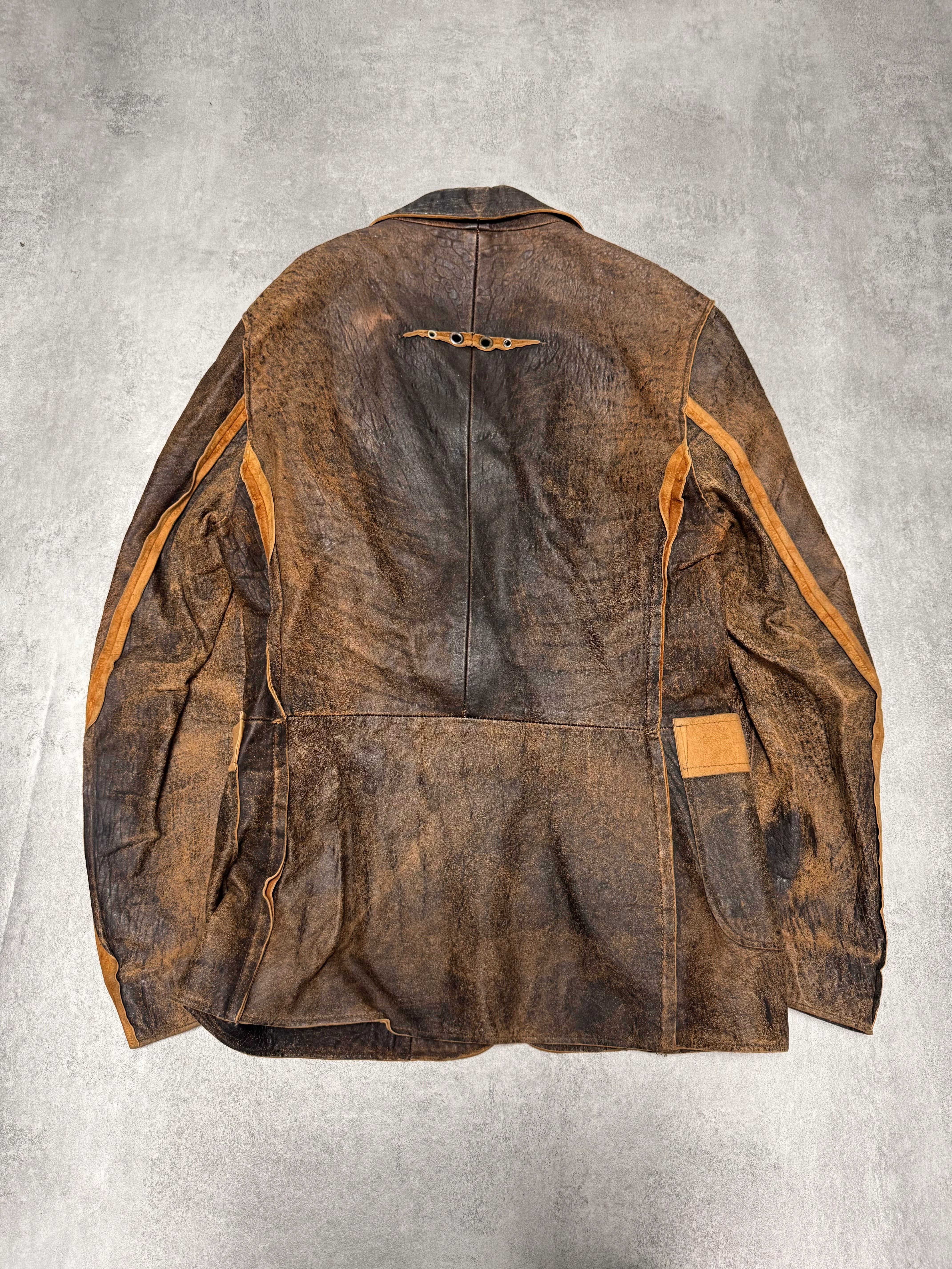 2000s Cavalli Raw Brown Leather Suit Jacket - Image 5