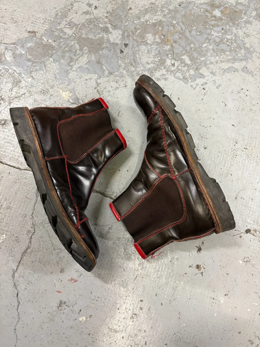 2000s MiuMiu Brown Red Seams Ankle Leather Boots - Image 10
